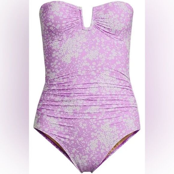 Land's End Bandeau Swimsuit tummy control U wire 1 piece wild lilac Meadow Ditsy - Picture 1 of 16